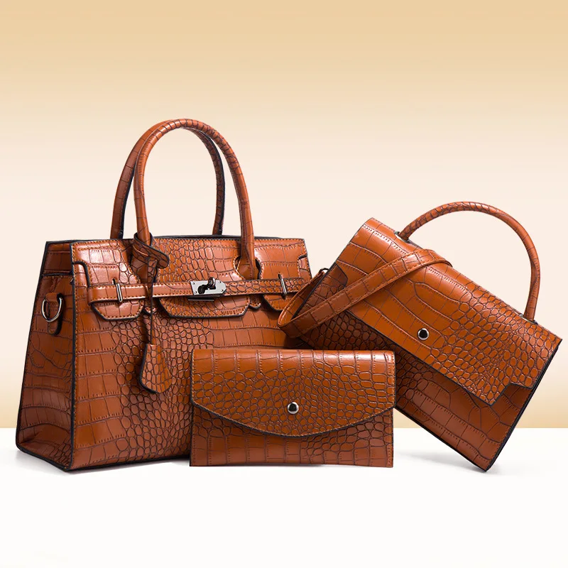 2024 New Autumn/Winter Crocodile Pattern Handbag Fashion Trend Skew Straddle Large Capacity Three Piece Set Mother Bag