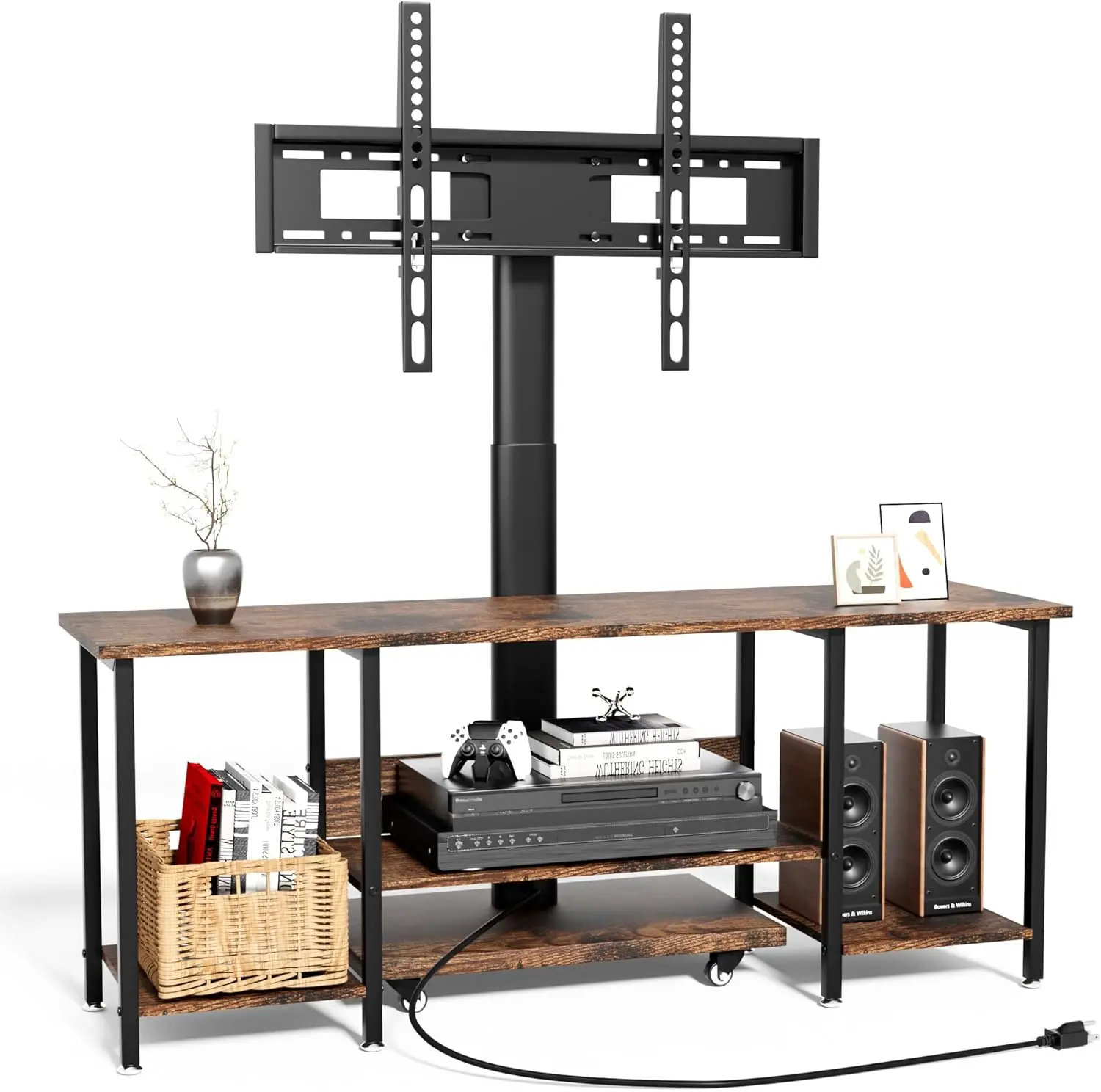 Justogo Tv Stand With Mount And Power Outlet, Floor Stand With Wheels For 32/45/55/60/65 Inch Tvs, Rolling Entertainment