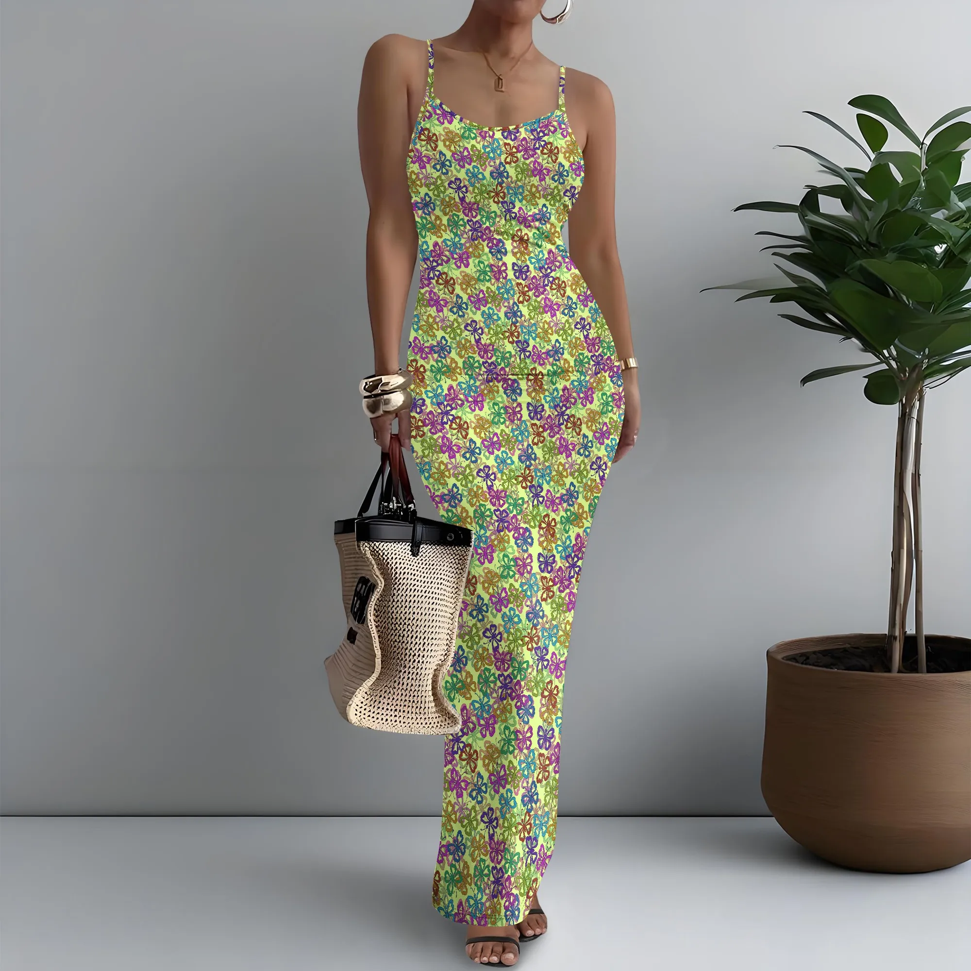 

Women's Spaghetti Strap Maxi Dress Cottagecore Butterfly Print Fresh XS-3XL