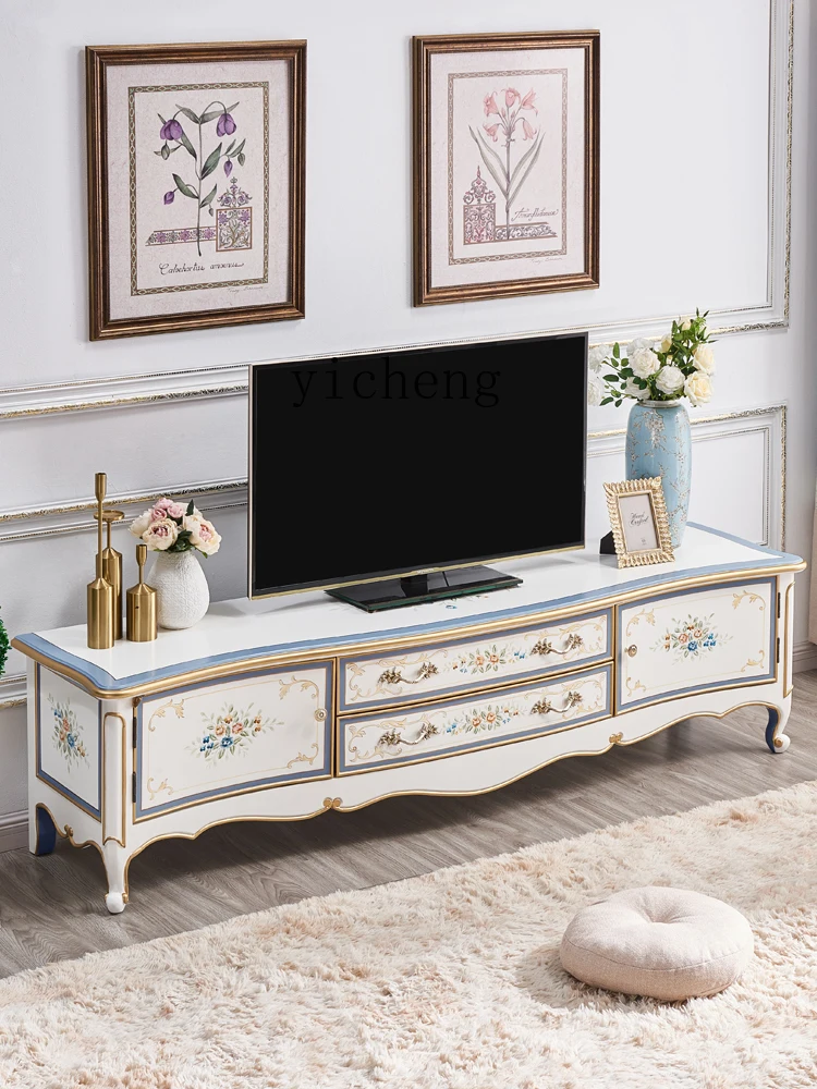 ZC Living Room Home White TV Cabinet Solid Wood Cream Style Painted TV Cabinet Floor Cabinet