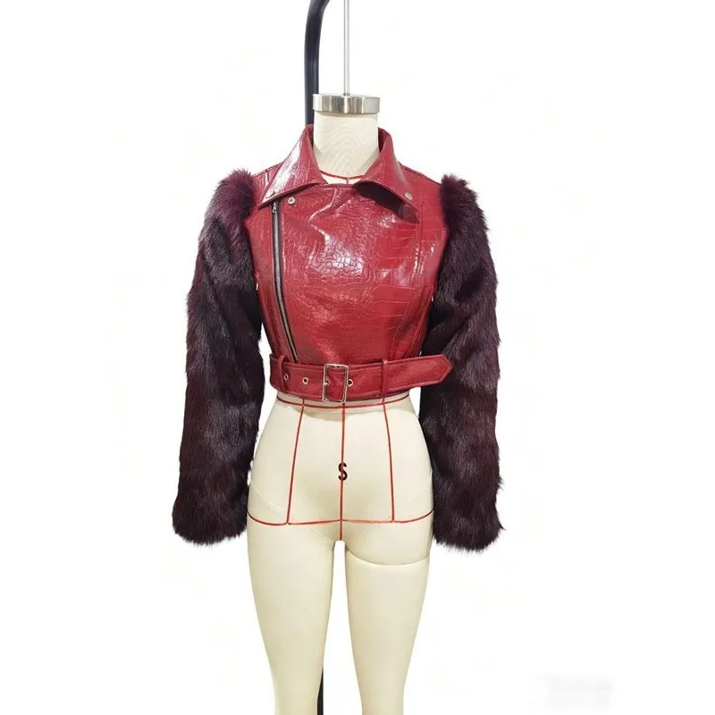 Nieuw product Niche Locomotief leren damesjas met krokodillenpatroon, imitatie vossenhaar Hoogwaardige echte herfst- en wintertop