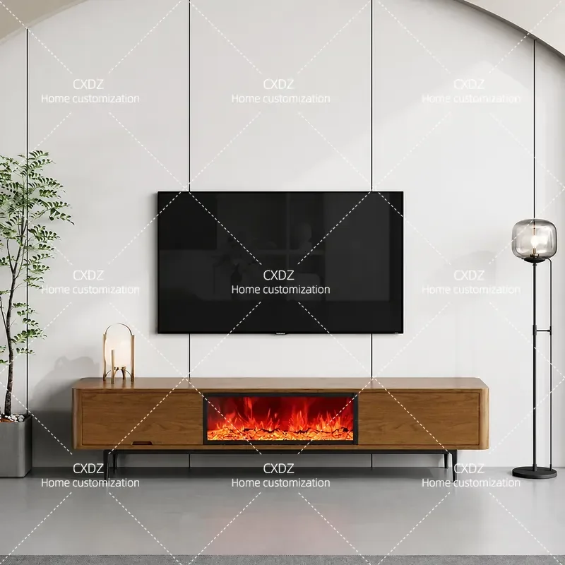 Walnut Retro Style Embedded Fireplace Floor to Ceiling TV Cabinet Simulated Flame Electronic Stove Decorative Floor Cabinet
