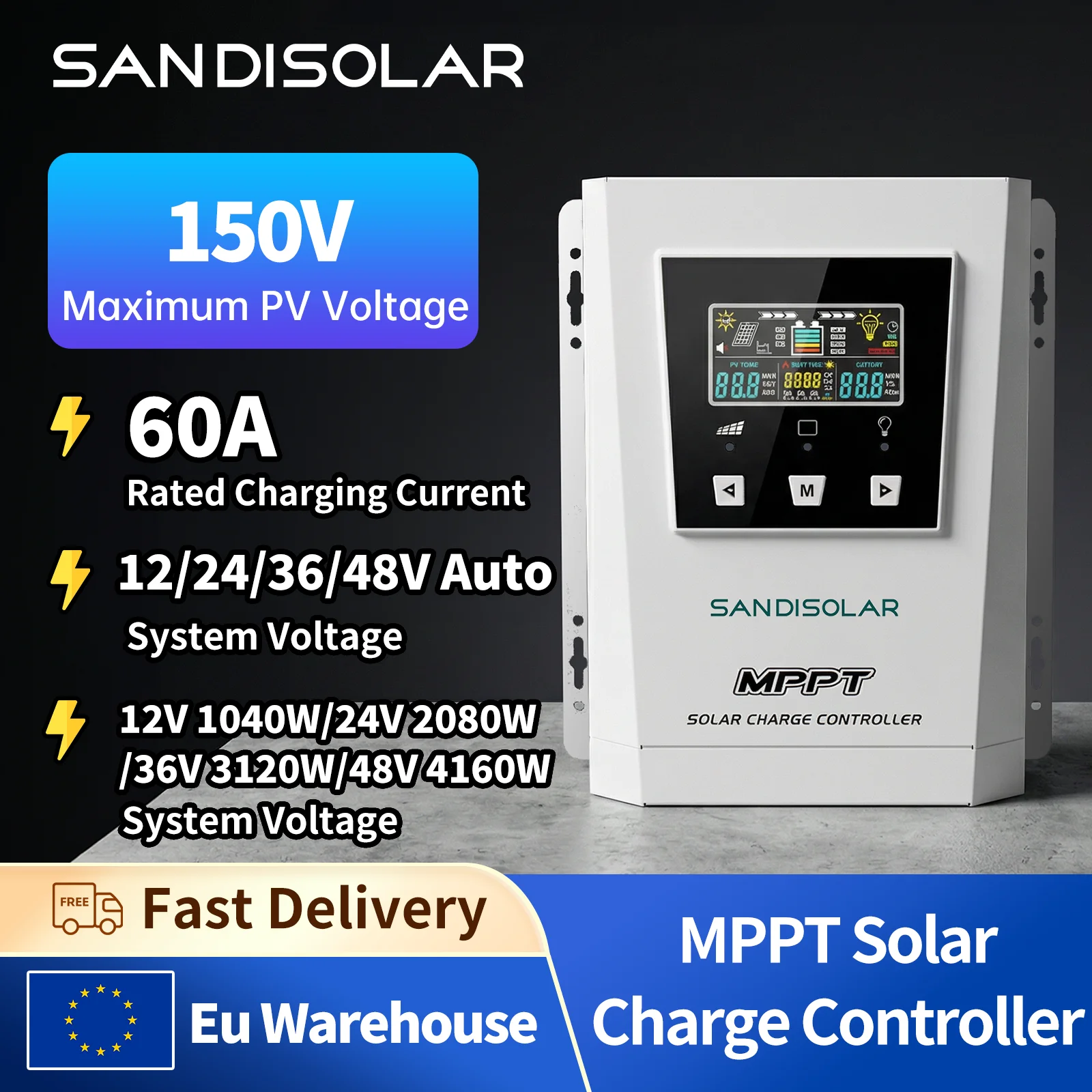 U Warehouse SANDISOLAR 40A 60A 80A MPPT Solar-Laderegler Auto 12/24/36/48V Solar-Batterieregler Max PV 150V 1040W-4160W Solarpanel-Ladegerät LCD-Bildschirm Kostenlose 3-7 Tage Lieferung für