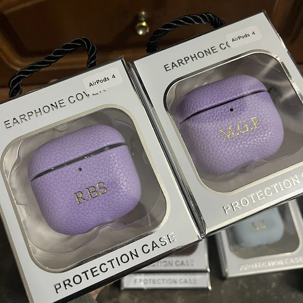 Personalized Initials Letters Customize Earphone DIY Case For Airpods 1 2 3 4 Pro 2 Luxury Lychee Skin Pattern With Keychain