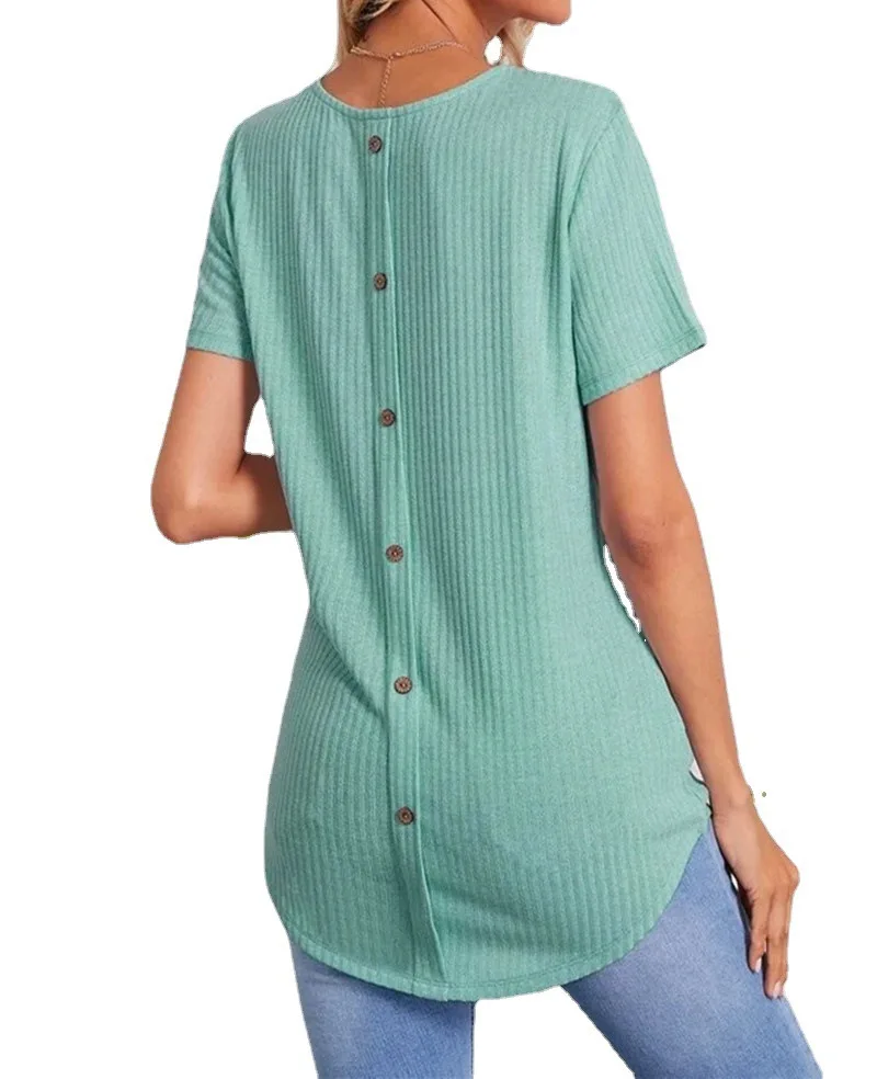 Spring and Summer New Women's Back Single-breasted Casual Loose T-shirt