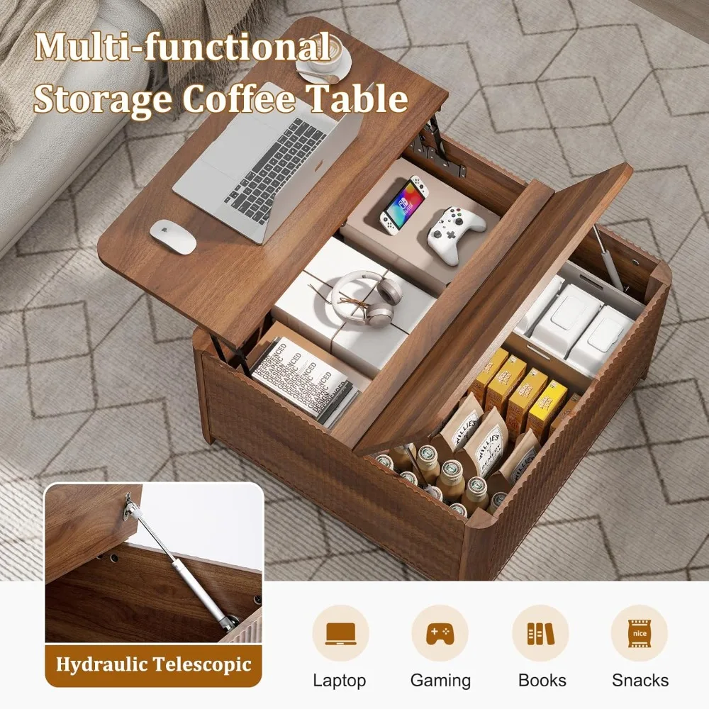31.5 Fluted Lift Top Coffee Table with Storage, Square Coffee Tables for Living Room, Coffee Table