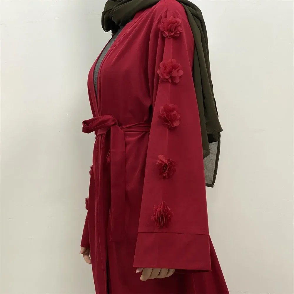 Modest Muslim Dubai Lace-up Open Abaya Dress Elegant Flared Long Sleeve Cardigan Abayas for Women Three-dimensional Flower Robes