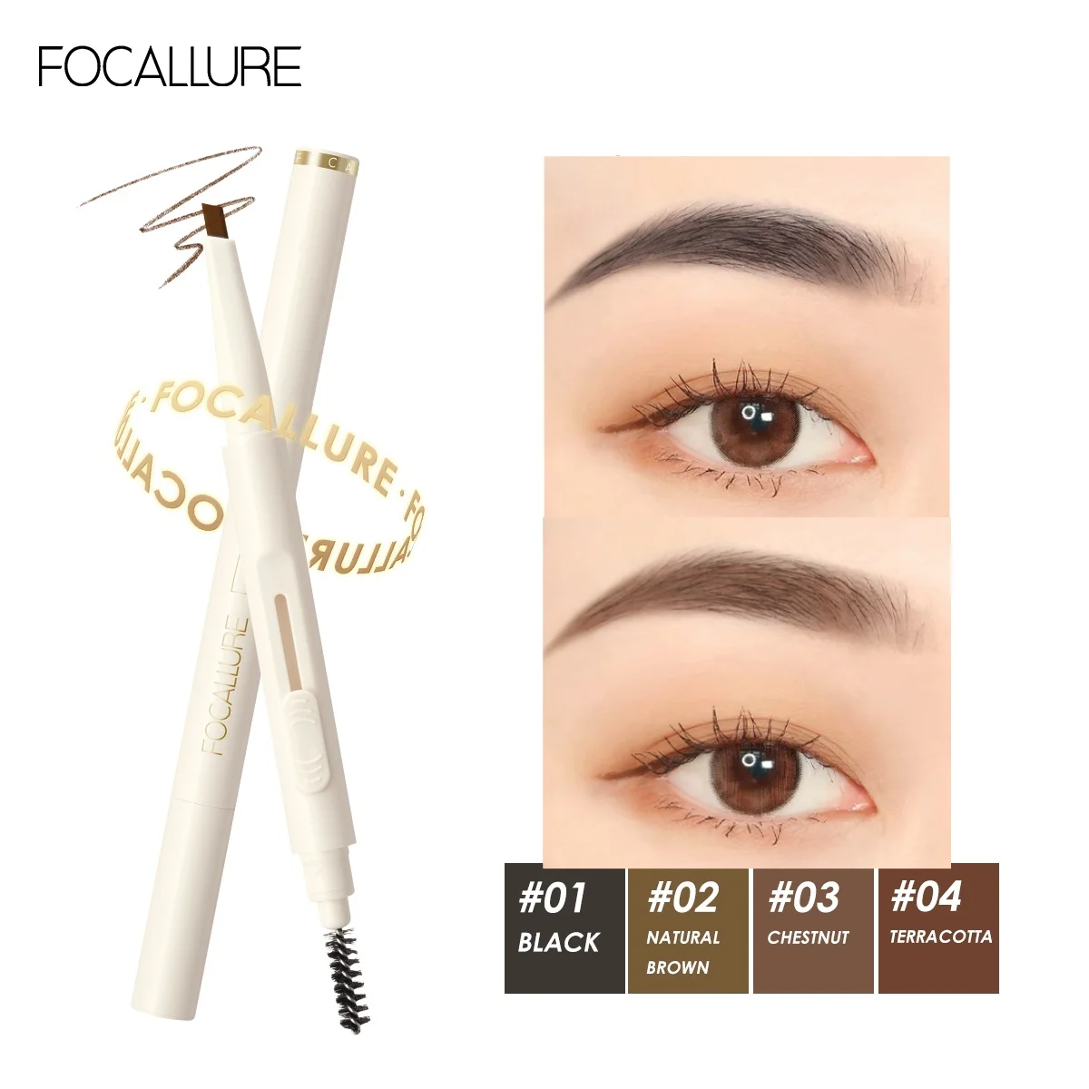 FOCALLURE-Crayon de Tatouage Coulissant pour Sourcils, Maquillage Naturel, Super Étanche, Longue Durée, Noir et Marron, Vente en Gros