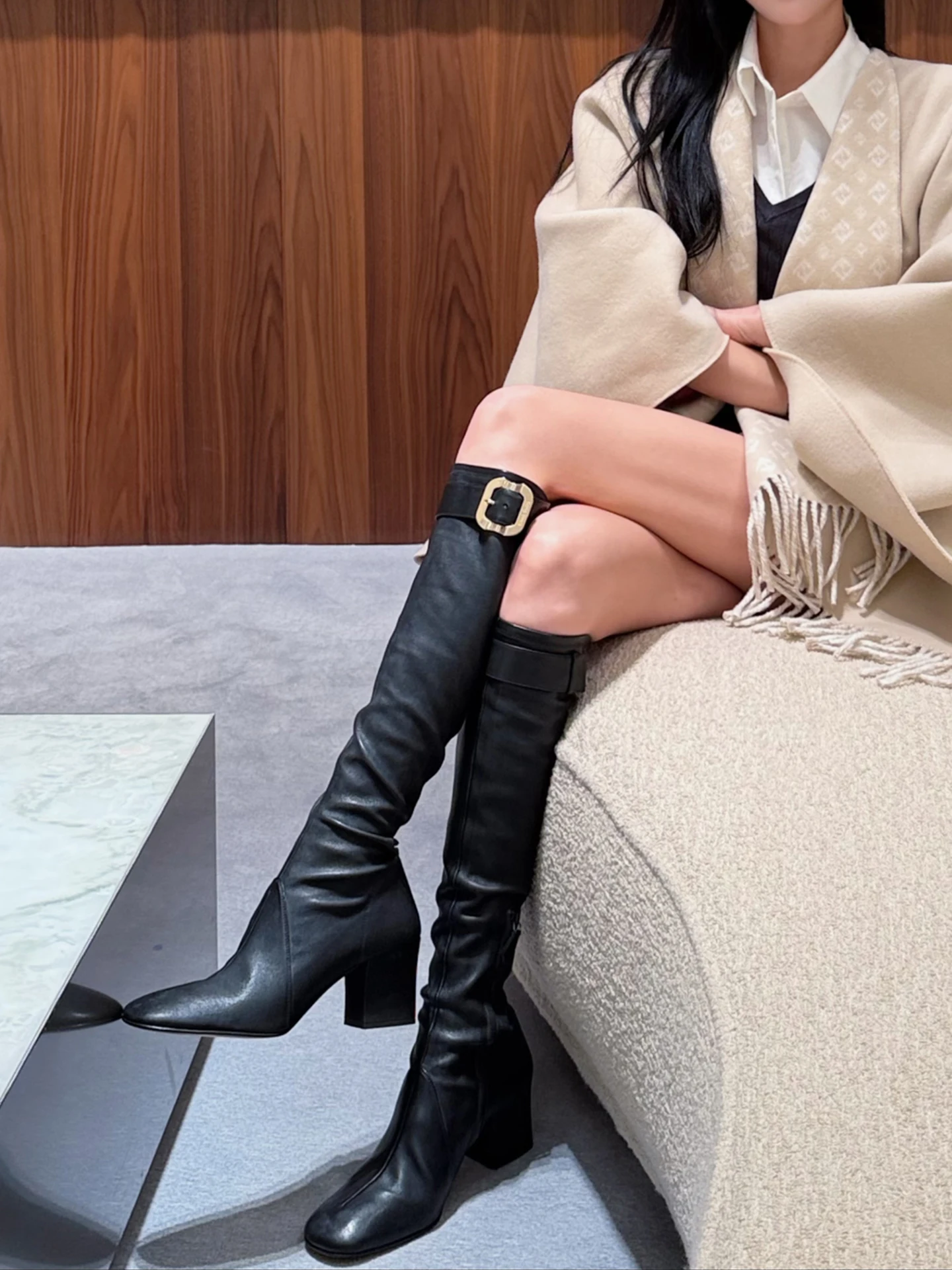 

Over-Knee Fleece-Lined Riding Boots High Heel Retro Style for Taller Women Autumn Winter Thick Heel Slimming Booties
