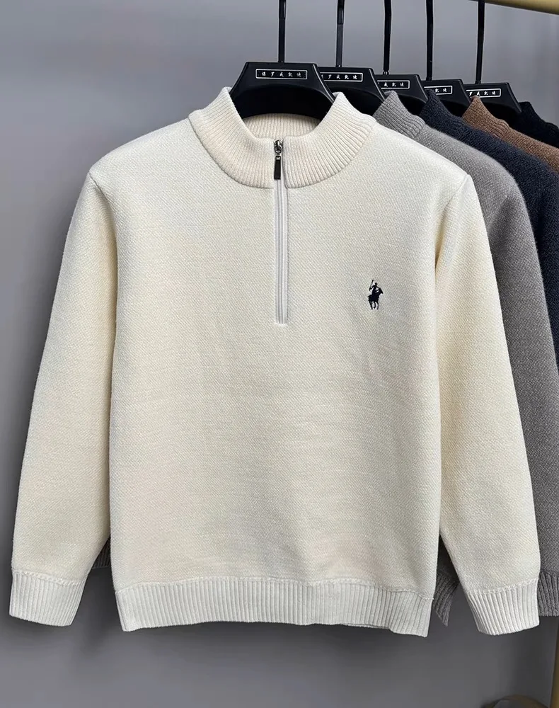 Luxury brand zipper stand up collar sweater men casual trendy ponytail embroidery design winter new plush warm knit pullover