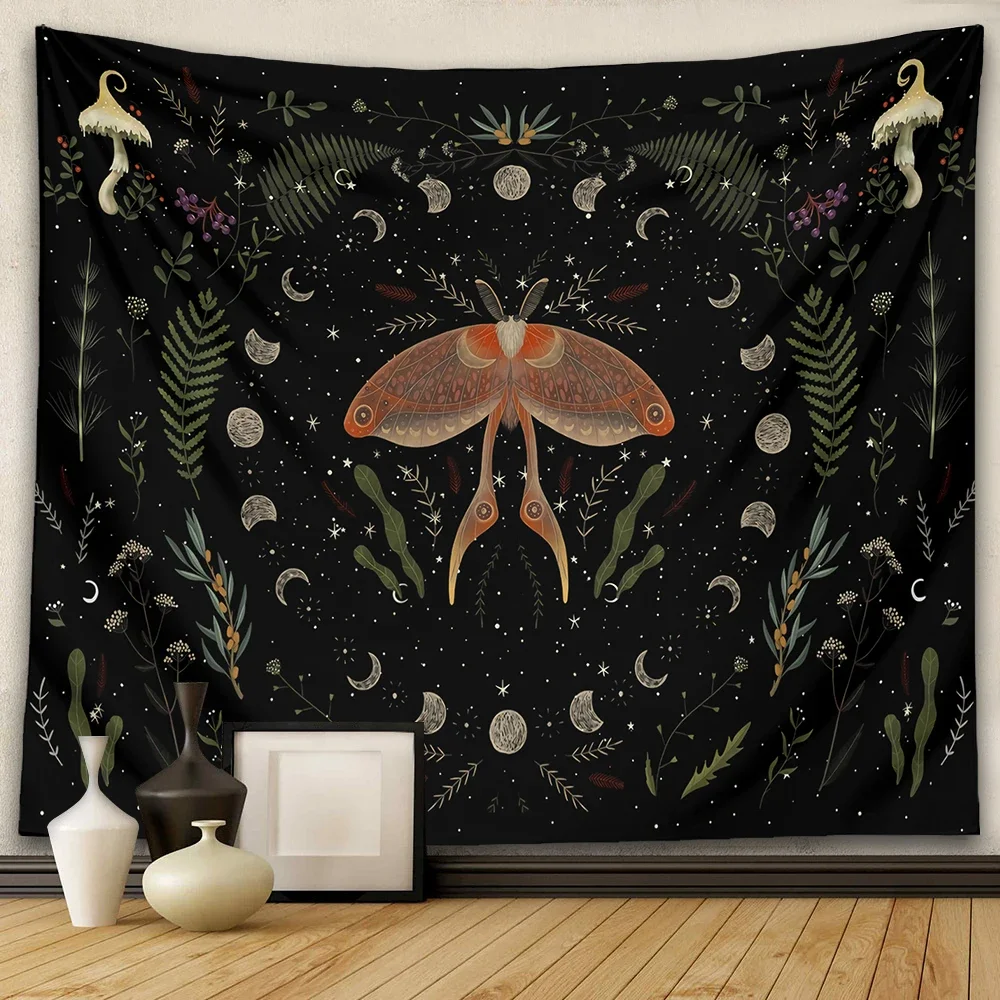 Moon Tapestry Wall Hanging Moth Botanical Witchy moon Phase Aesthetic Moon Goddess Living Room Dorm Decor Mushroom Tapestry