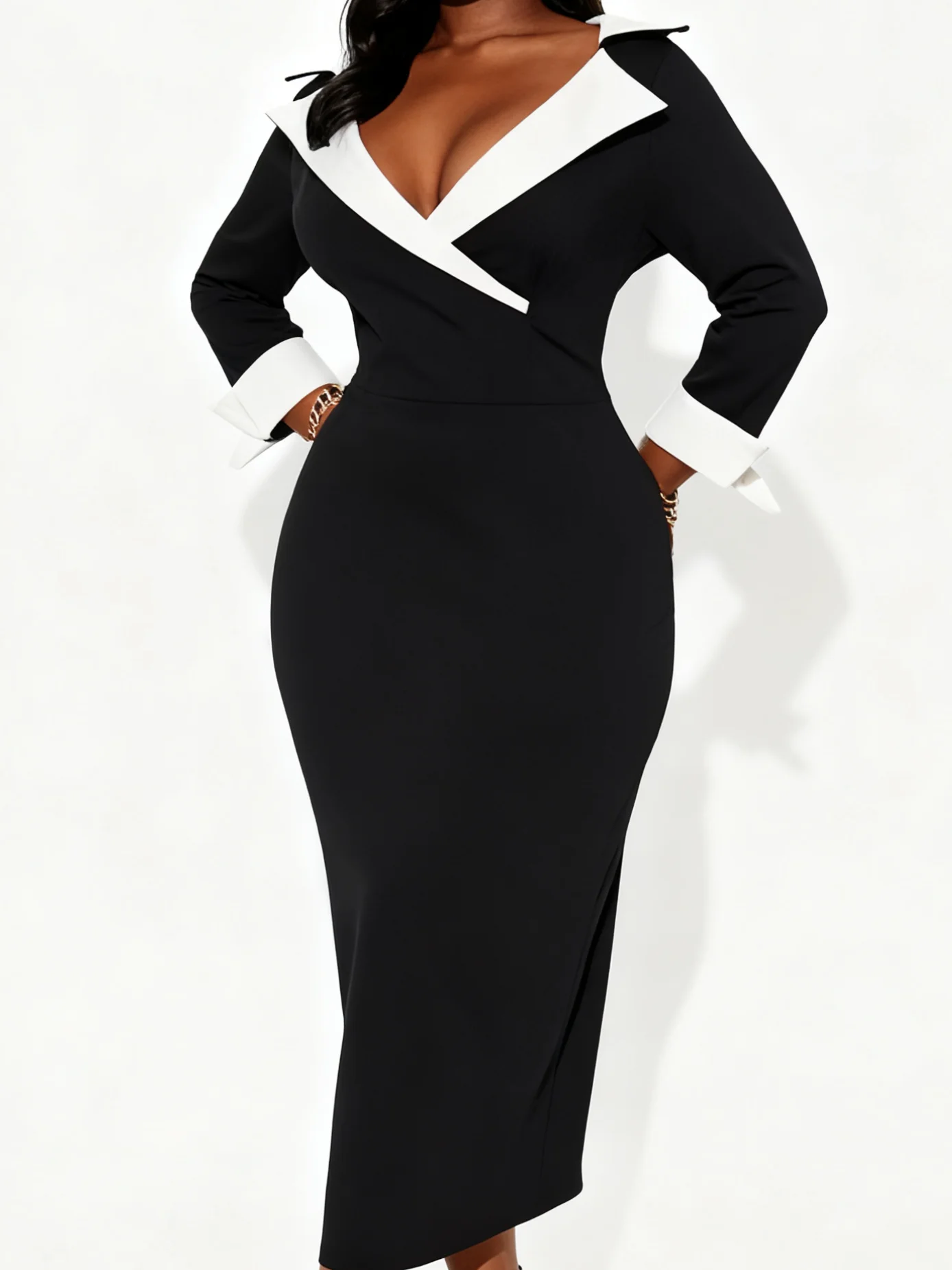 Vestido ajustado con escote en contraste para mujer, elegante vestido de mujer de longitud media con cuello bloqueado de color, moderno y colorido