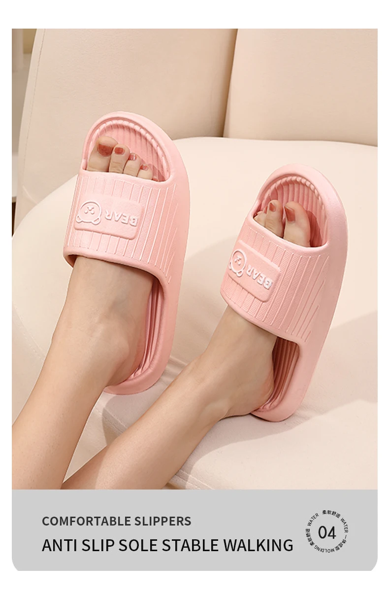 Cute Bear Summer Slippers Women Men Soft EVA Thick Platform Slides Non-Slip Quick-Drying Bathroom Shower Shoes Indoor Home Mule