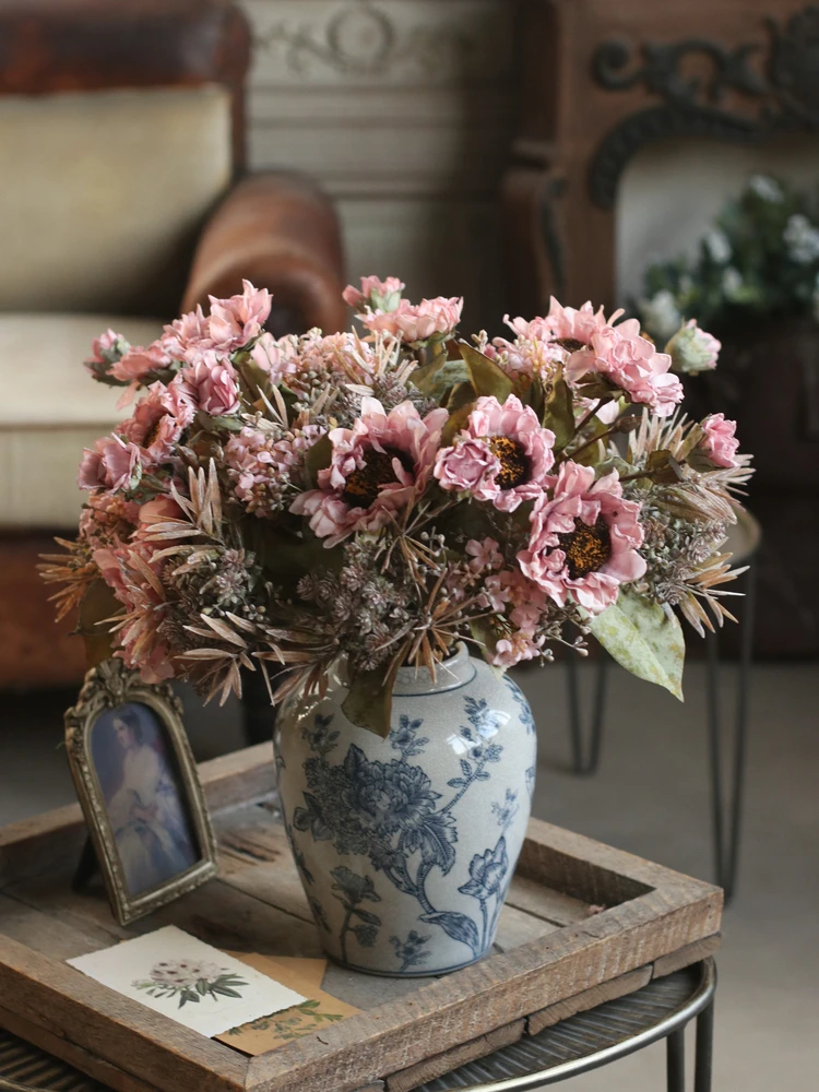 

Dried Flower Sunflower Artificial Bouquet Vintage Style Living Room Table Decor Fake Flower Arrangement Handmade Plastic Stem