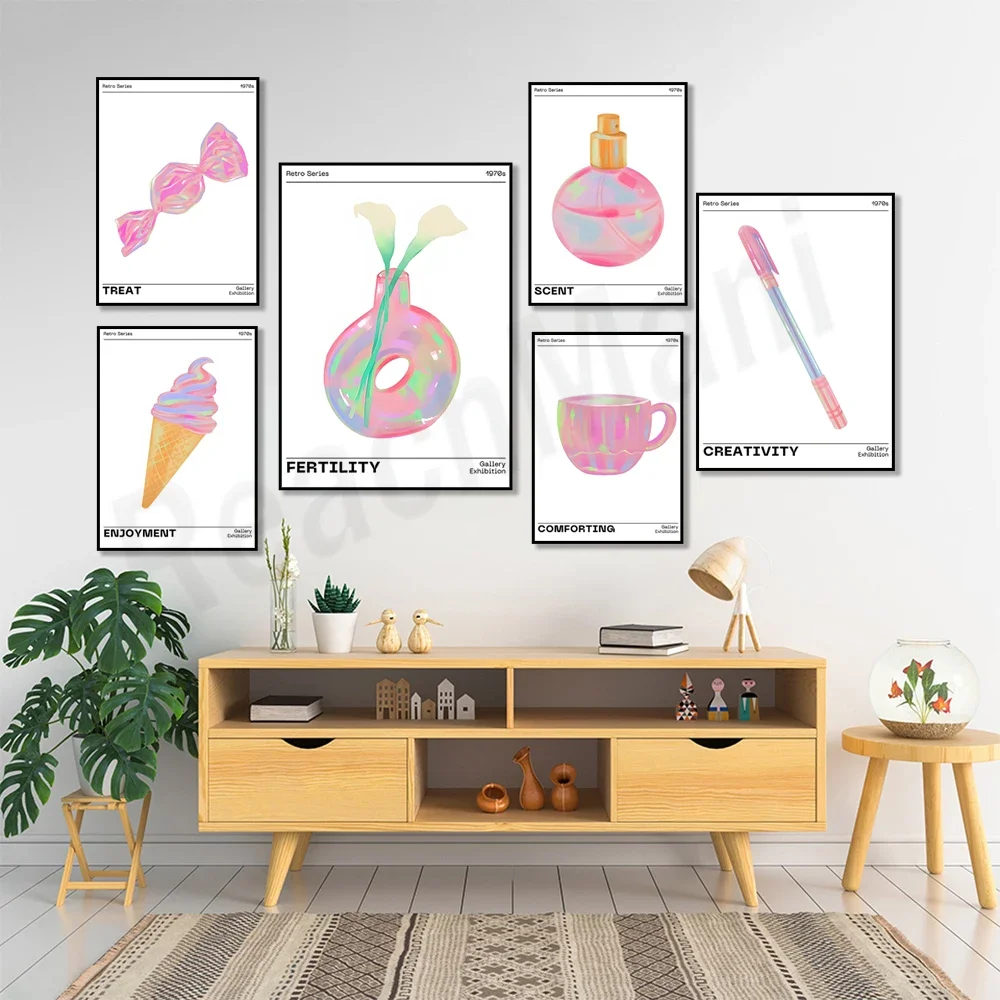 Vase flowers, tea cup, perfume cosmetics, pen, balloon dog, ice cream candy fashion retro art poster print psychedelic backgroun