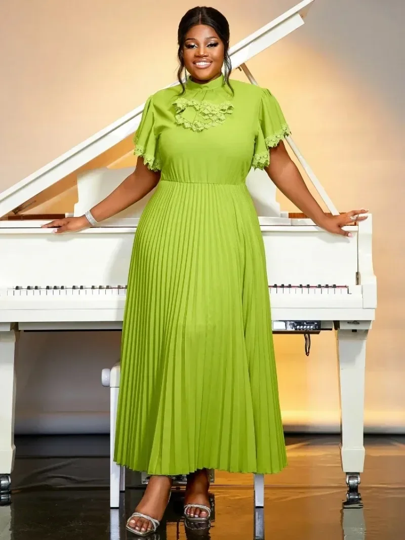 

Elegant Church Dresses for Women Green Pleated Party High Collar Bowtie Short Butterfly Sleeve Long A-Line Modest Gowns African