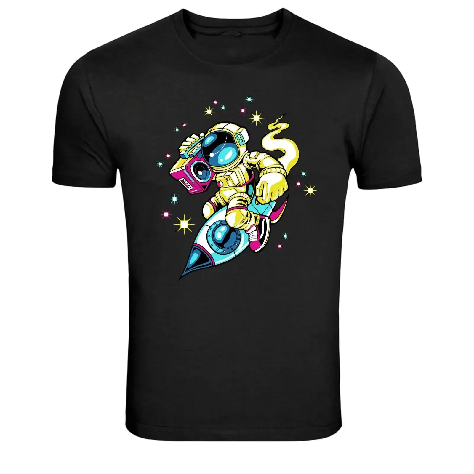 Astronaut Riding Rocket With Boombox Retro Space T Shirt vintage Washed Unisex Stylish Comfortable homme fashion
