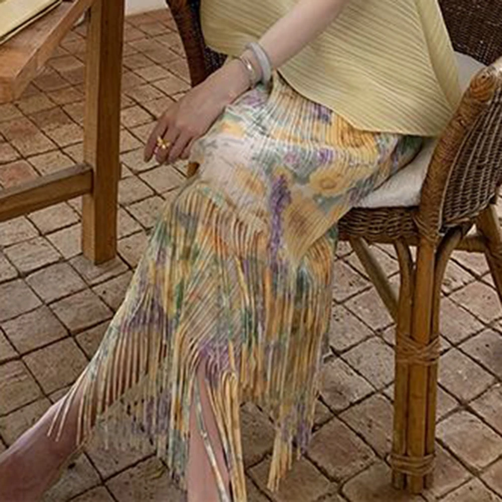 

2025 summer Korean version sweet suit women's comfort diagonal pendulum loose top fringe print skirt clothes
