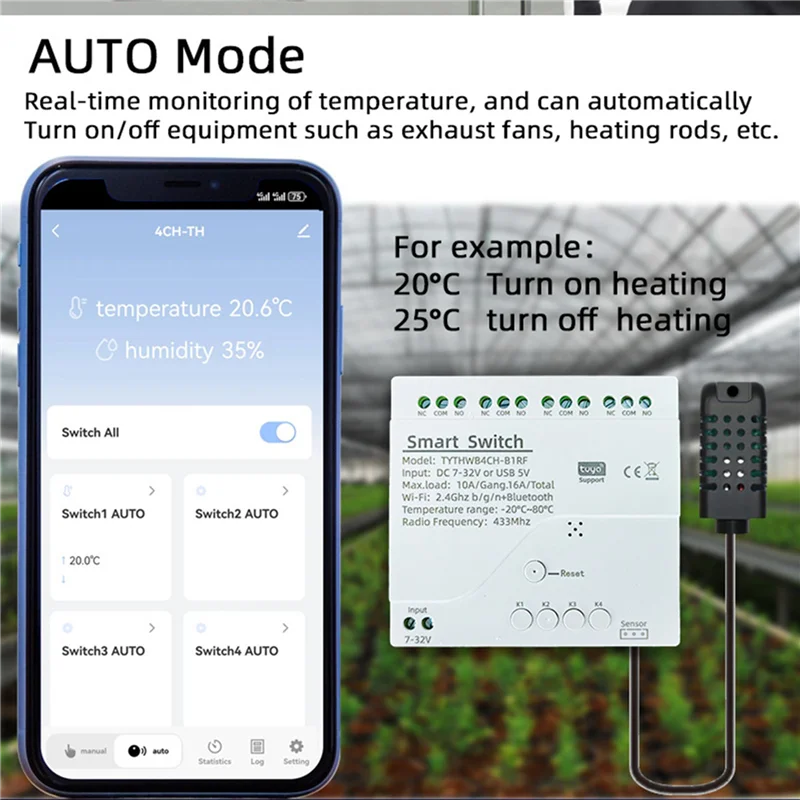 

ABKQ-Tuya Wi-Fi 4-канальный умный переключатель с датчиком температуры и влажности, пассивный сухой контактный переключатель для Alexa Alice