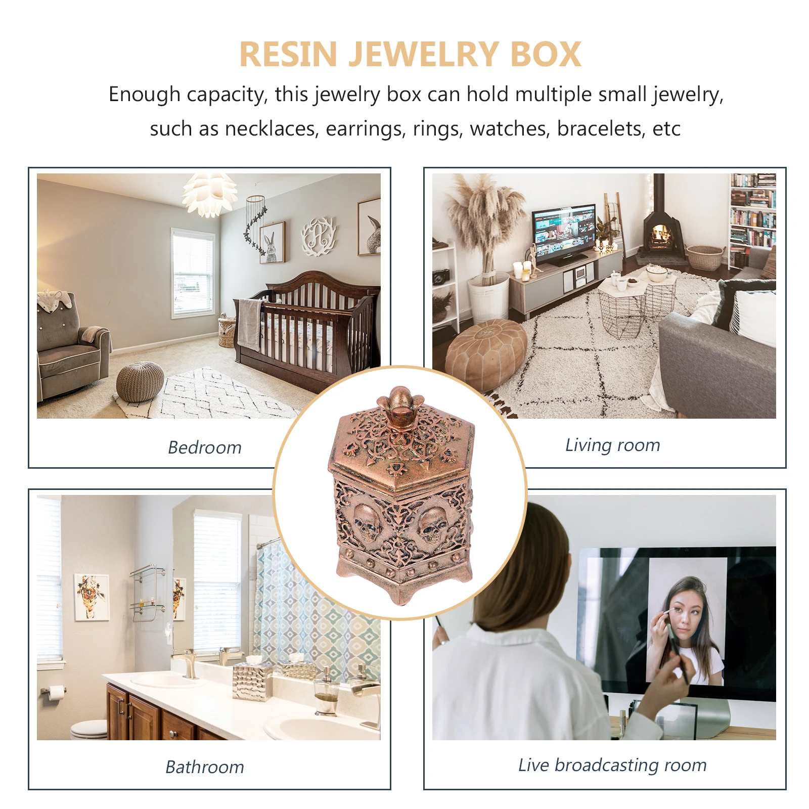 

1pc Retro Resin Skull Style Jewelry Storage Box Hexagon Holder Treasure Chest Organizer For Rings Earrings Watches Vintage