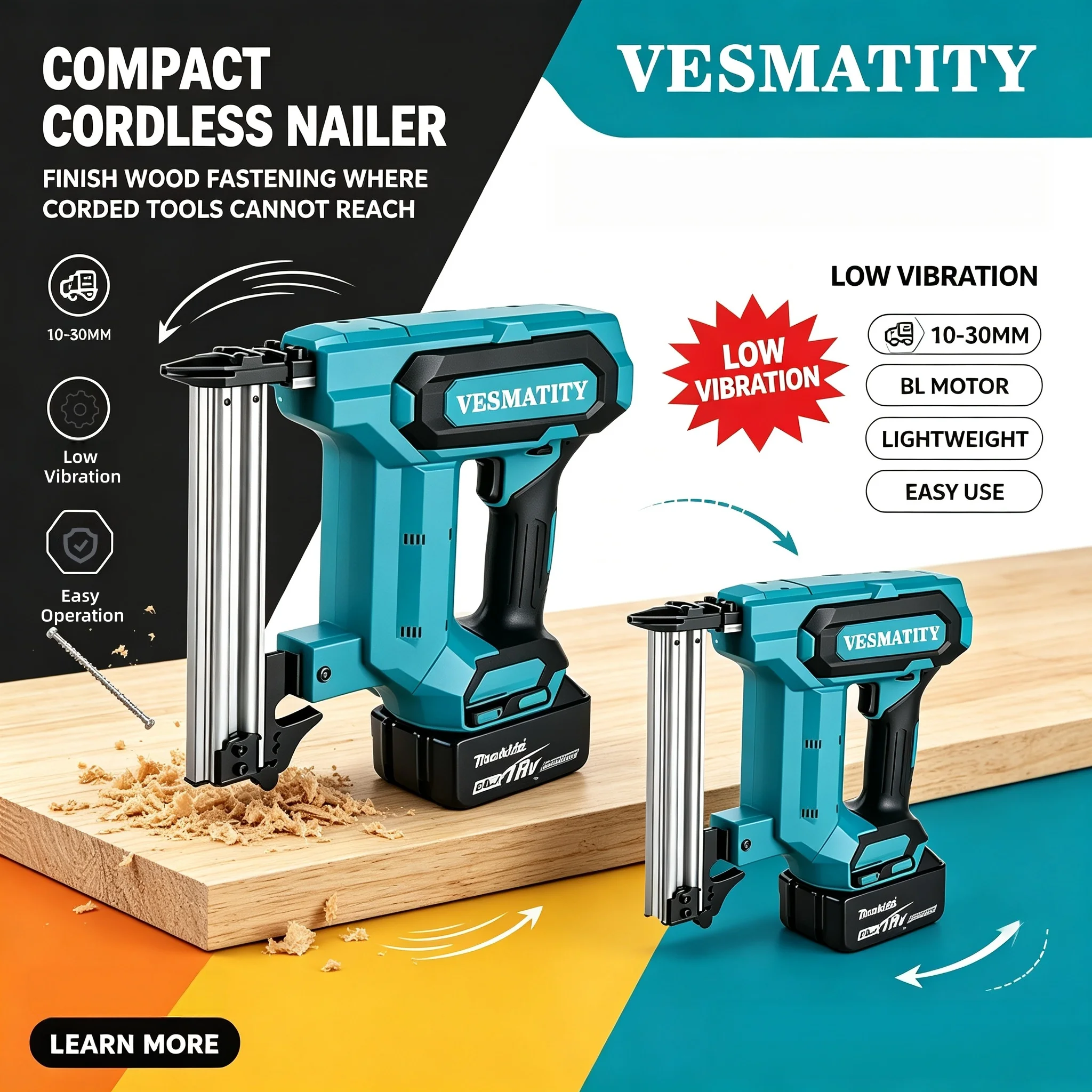 VESMATITY  Straight U Staples Brushless Nail Gun Battery Powered Wireless Cordless Electric Stapler for 18V Battery Woodworking