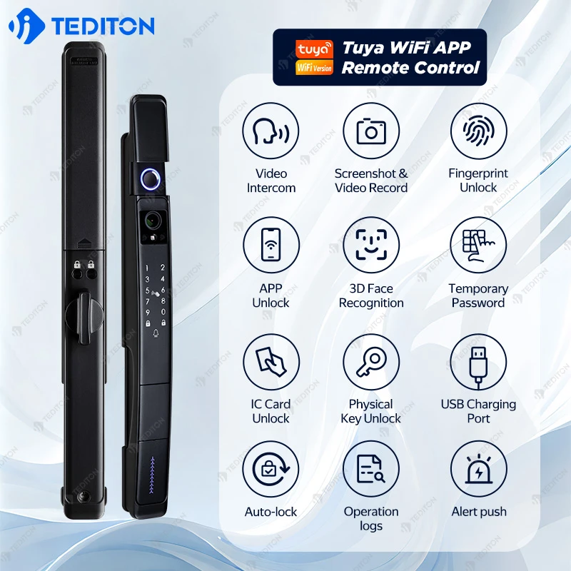 Tediton waterproof WiFi Tuya Face Recognition sliding biometric fingerprint video door phone intercom smart locks compatible