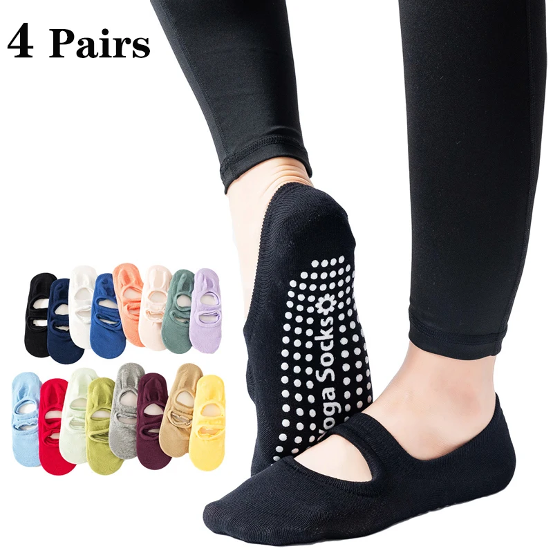 4 Pairs Yoga Socks Women's Pilates Ballet Dance Socks Non-Slip Woman Section Bandage Sport Sock Gym Workout Slipper Yoga Socks