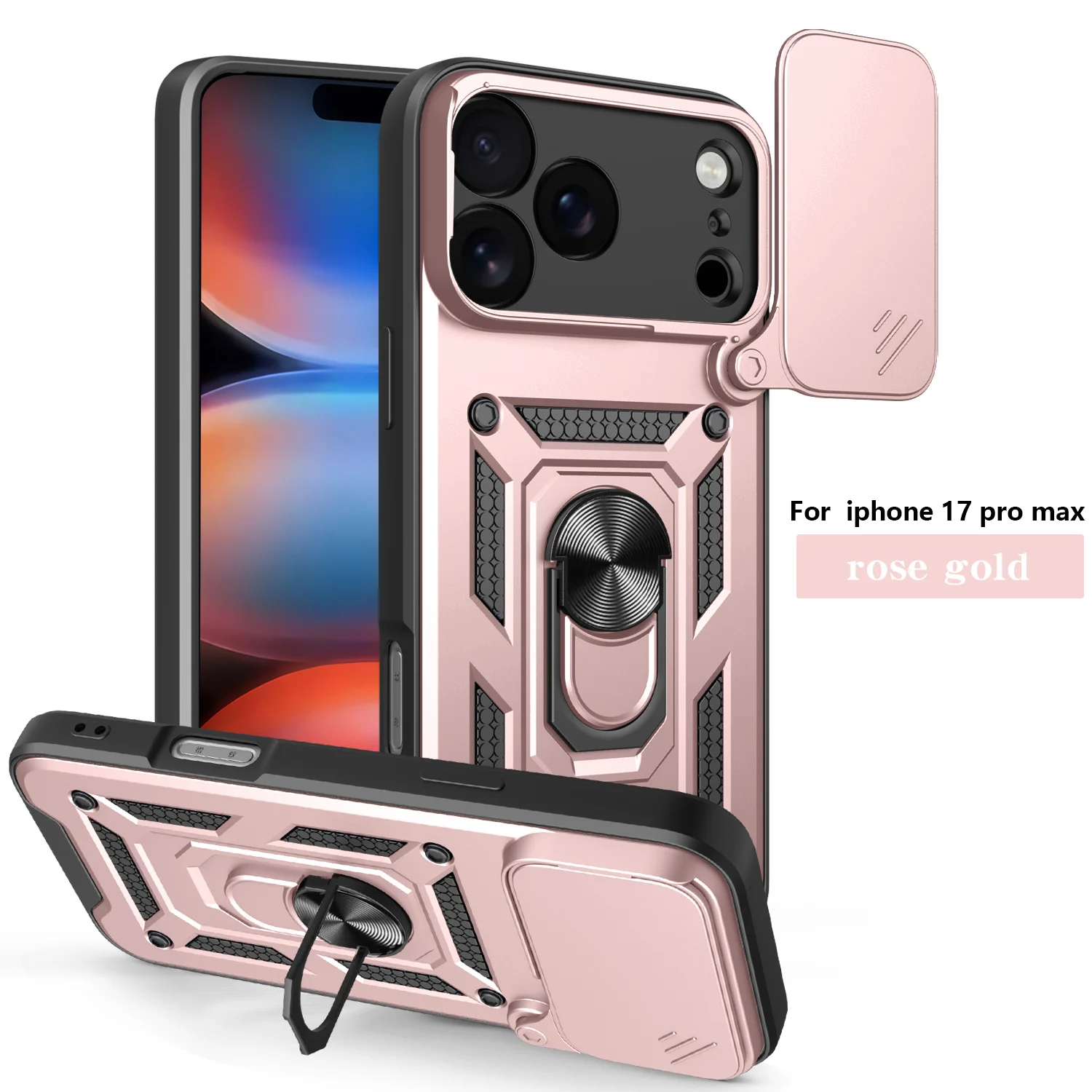 Sliding Camera Lens Protection Armor Phone Case For iPhone 17 16 pro max 360° Rotate Ring Holder Kickstand Shockproof Back Cover