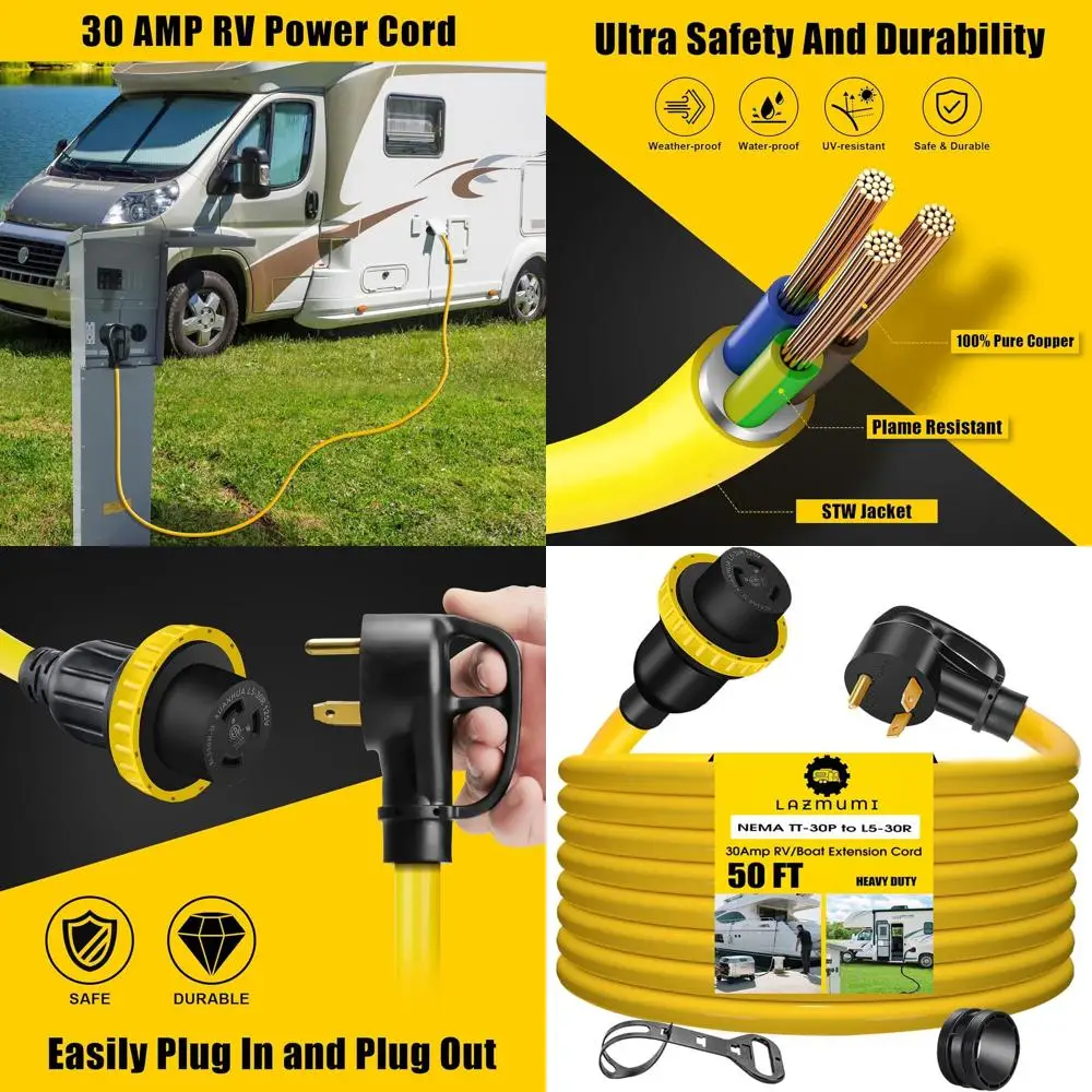 30 أمبير 50 قدم RV سلك تمديد الطاقة قفل ملتوي، NEMA TT-30P ذكر إلى NEMA L5-30R، شديد التحمل 3 شقوق 10 مقياس STW مع قبضة