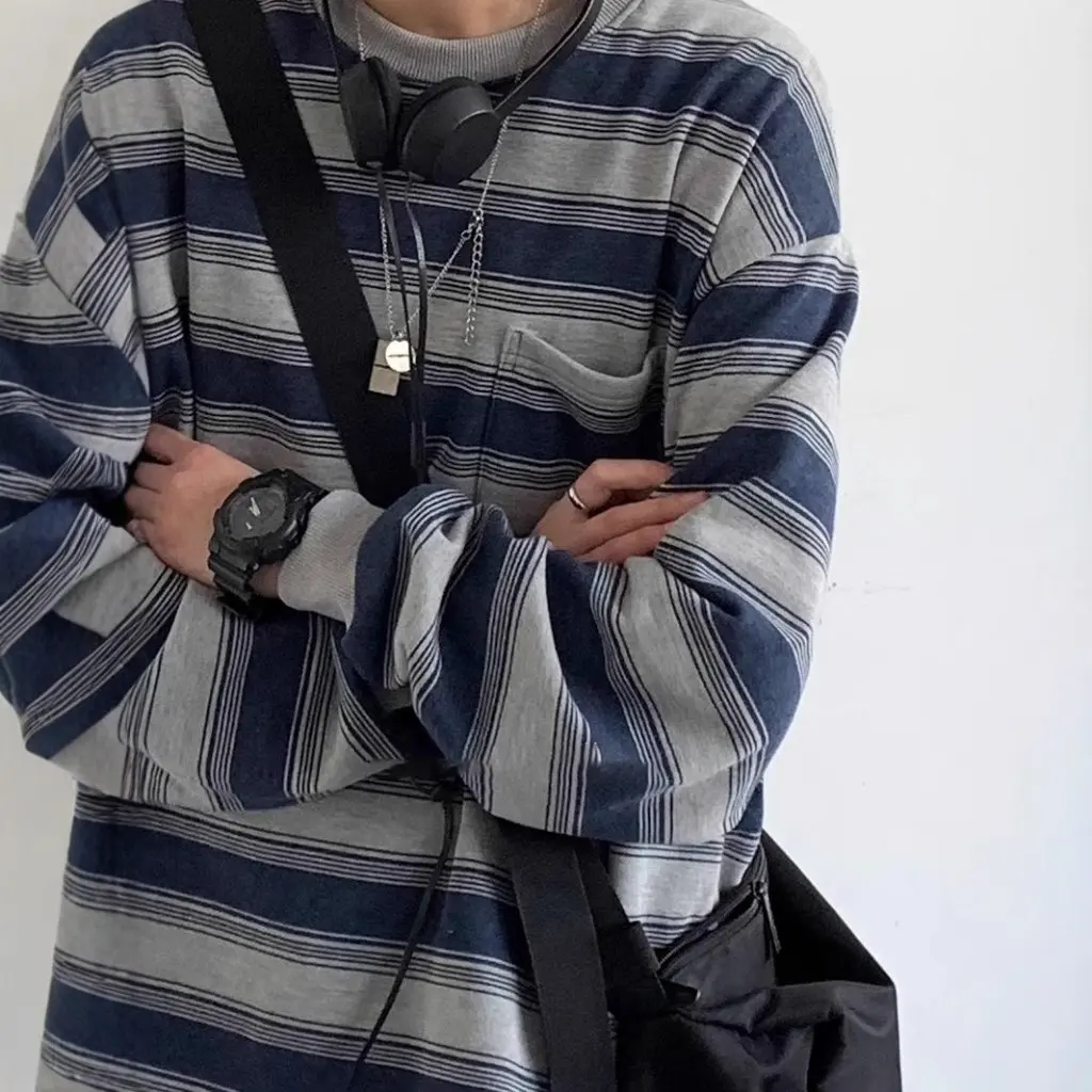 Camisa de manga larga de estilo japonés Retro Sea Soul para niños y niñas primavera otoño pareja cuello redondo Base de moda a rayas