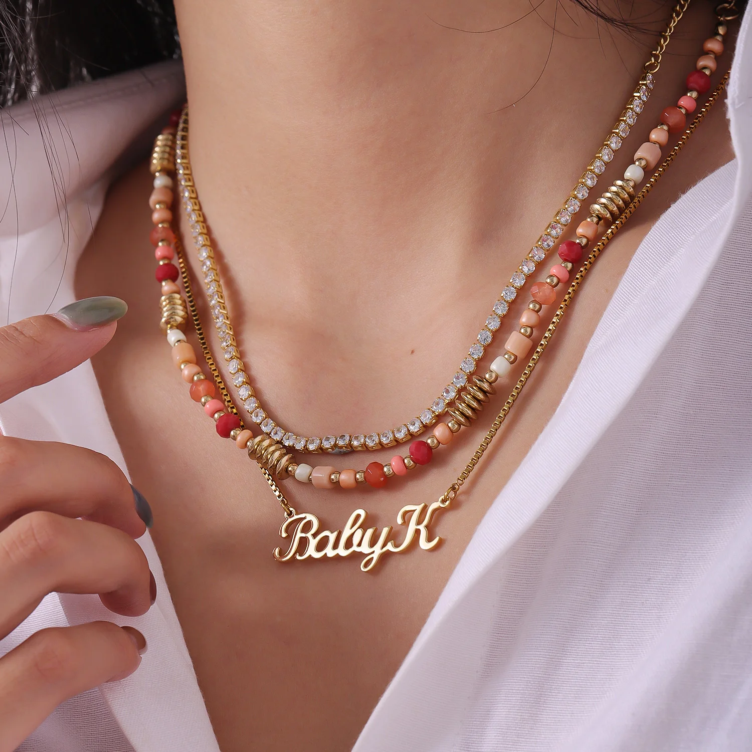 

Комплект ожерелья с индивидуальным именем, многослойная штабелируемая розовая красочная цепочка с цирконом, позолоченная 18-каратная нержавеющая сталь, рождественский подарок для нее