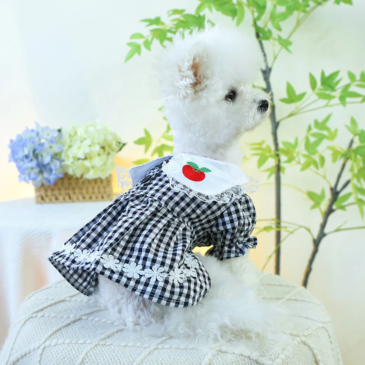 1PC Pet Clothing Cat Spring/Summer Thin Black and White Red Apple Skirt Suitable for Small and Medium Dogs