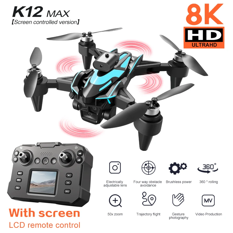 New Upgrade K12 MAX Mini Drone with Screen 8K HD Three Camera Obstacle Avoidance Brushless Aerial UAV FPV RC Quadcopter Boy Toys