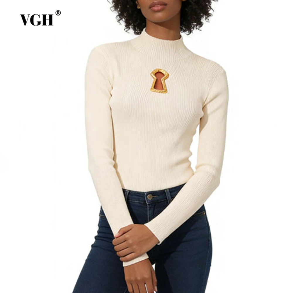 

VGH French Style Casual Knitted T Shirts For Women Stand Collar Long Sleeve Autumn Slimming Elegant Sweater Female Fashion New