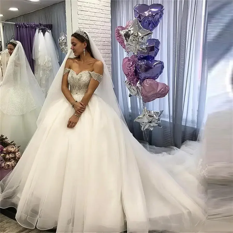 Personalizado querida brilhante contas cristais vestido de baile vestidos de casamento robe de mariage espartilho volta fora do ombro vestido de noiva