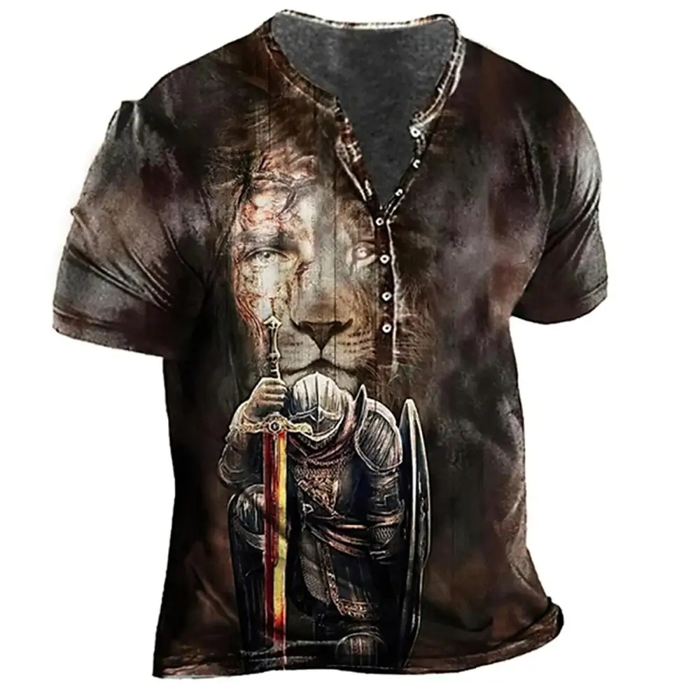 Men Summer Short Sleeve Button Henry Shirt 3D Digital Pritn Casual Round Neck T Shirt Men Slim Fit Hip Hop Tops T Shirt