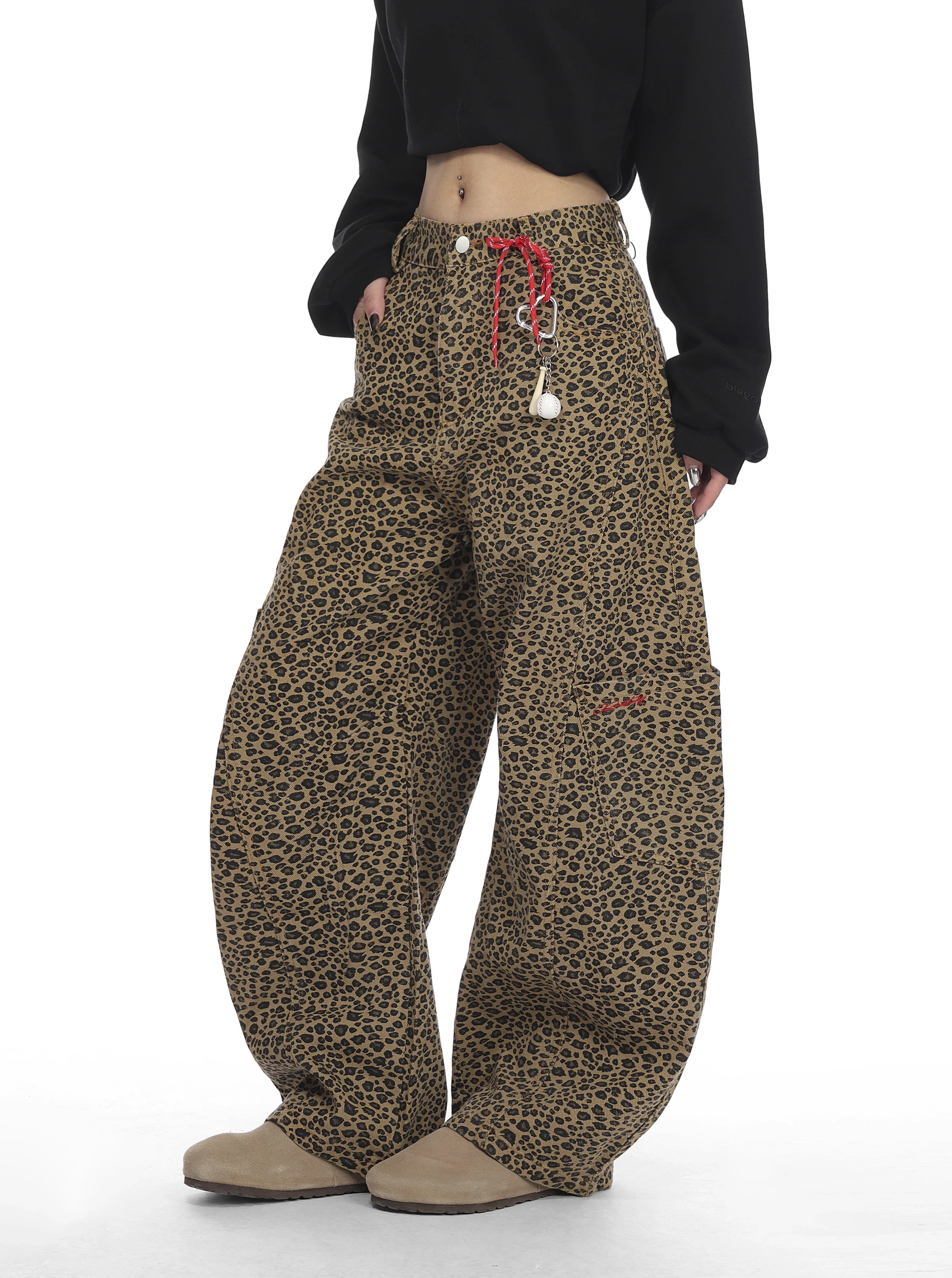 

Y2K женские повседневные джинсы с леопардовым принтом рабочие брюки широкие брюки свободного покроя с большими карманами и изогнутым ножом