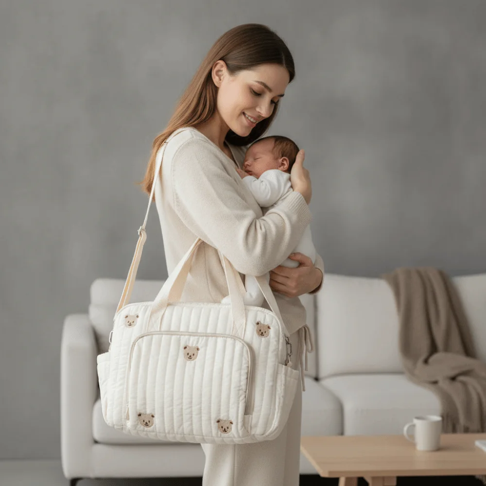 Durable Cartoon Diaper Organizer Lightweight Large Capacity Cotton Handbag Quilted Soft-touch Mommy Shoulder Bag Daily Outing