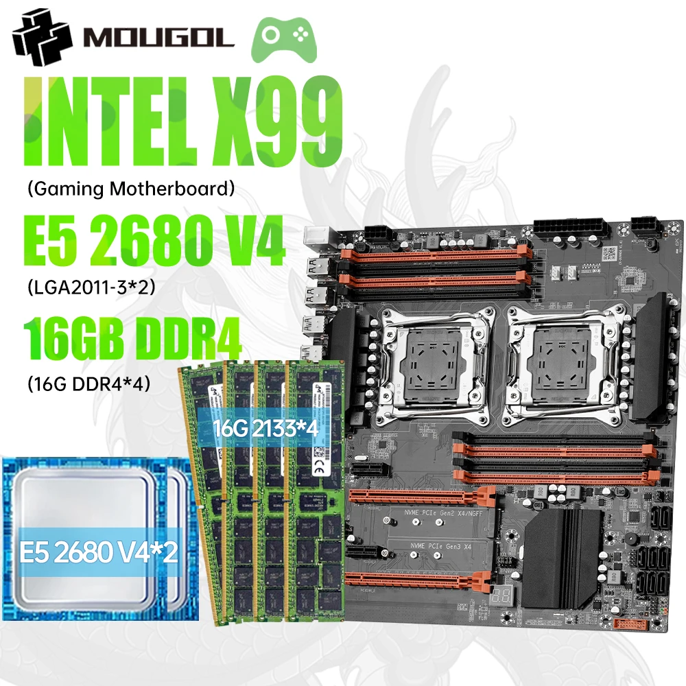 MOUGOl X99 Dual CPU Gaming Motherboard Set lntel Xeon E5 2680 V4&DDR4 64GB (4*16GB) LGA2011-3 M.2 NVME for Server Computer Host