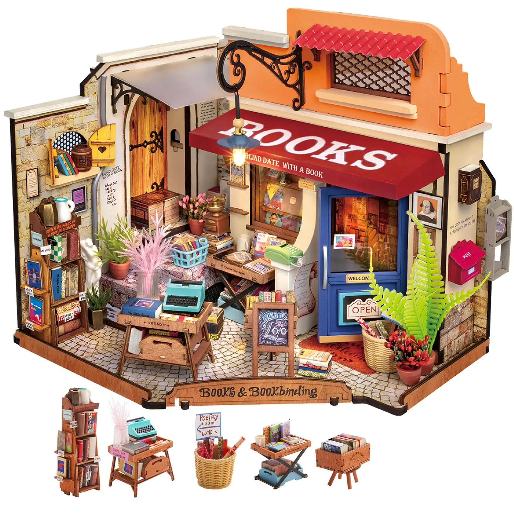 Robotime Miniature House Kit DIY Dollhouse Corner Bookstore with LED DIY Dollhouse Craft Kits for Adults Birthday for Women Kids