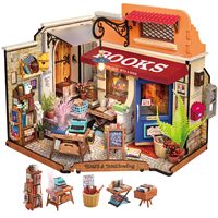 Robotime Miniature House Kit DIY Dollhouse Corner Bookstore with LED DIY Dollhouse Craft Kits for Adults Birthday for Women Kids