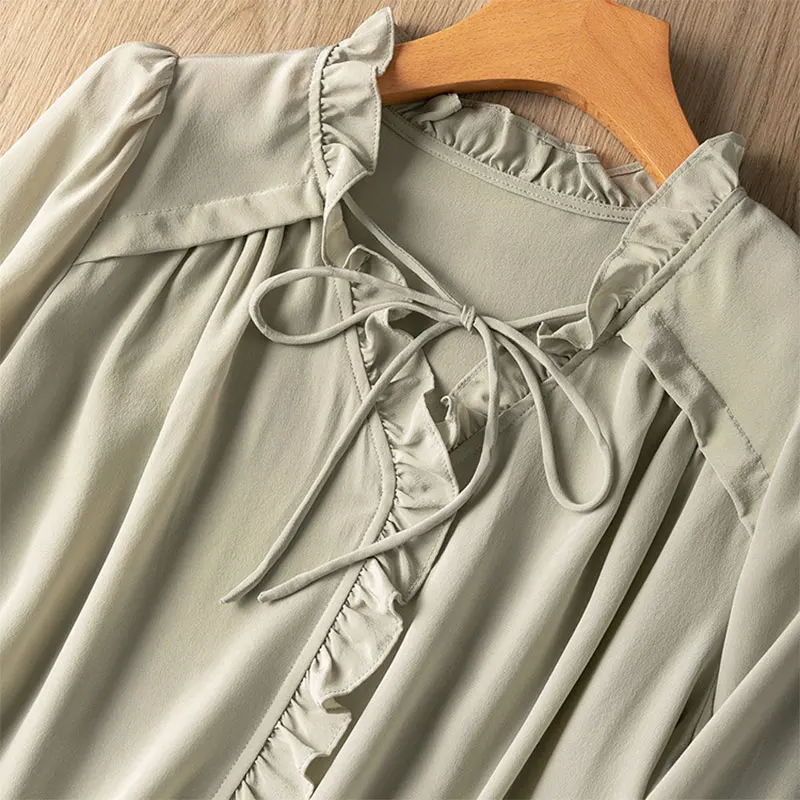 Women Silk Blouse 100% Mulberry Crepe Silk Bean Cyan Ruffles V Neck Elastic Cuffs Long Sleeve Top Shirt Office Lady L XL MM692