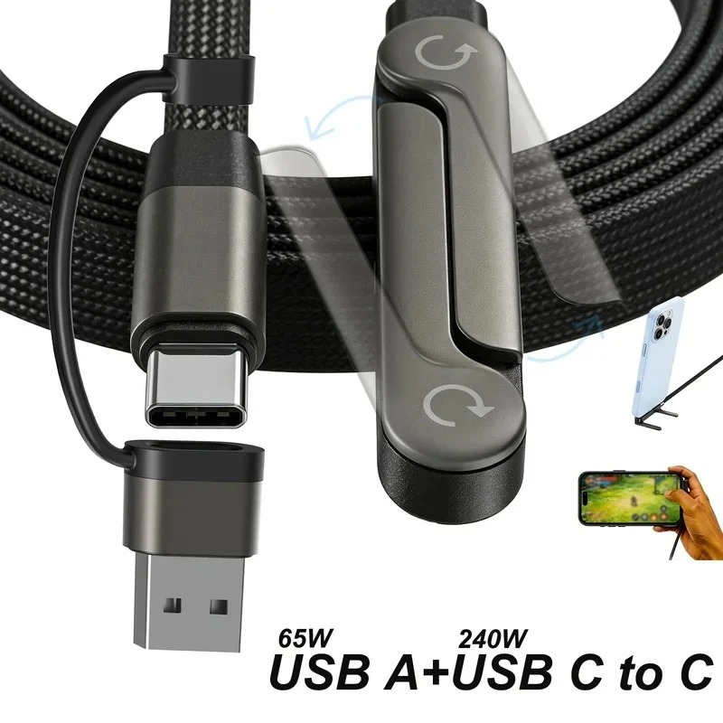  2-in-1 Holder Charger Cable – 240W Fast Charging Cord with Built-In Phone Stand USB Type C to USB-C Cable PD Cable Phone Holde