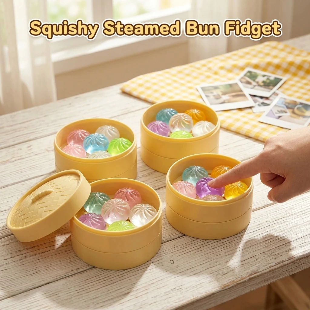 Kawaii 5Pcs Crystal Dim Sum Squishy With Steamer Soft Squeeze Aesthetic Room Desk Decor Ornament Surprise Party Favor Present view 5