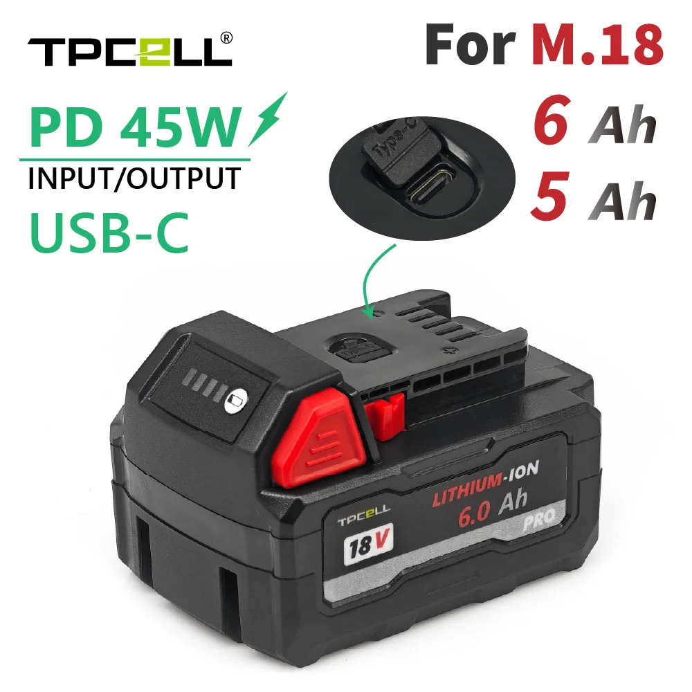 TPCELL PD45W 5AH/6AH For M.18 Tabless 18V Professional Battery with USB-C Li-ion Replacement High Output