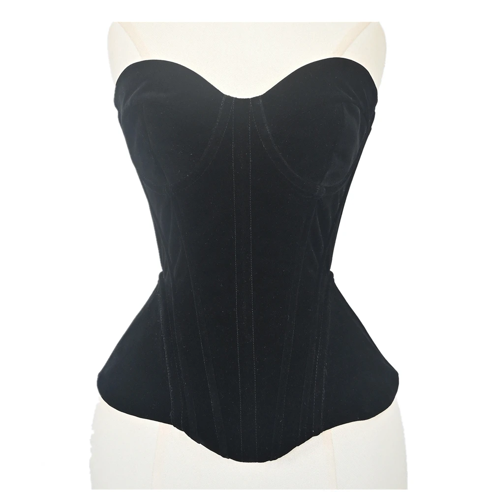 Women Black Velvet Corset Sexy With Bra Cups Retro Strapless Bustier Body Shaper Lace-up Fishbone Bodices Wedding Tops