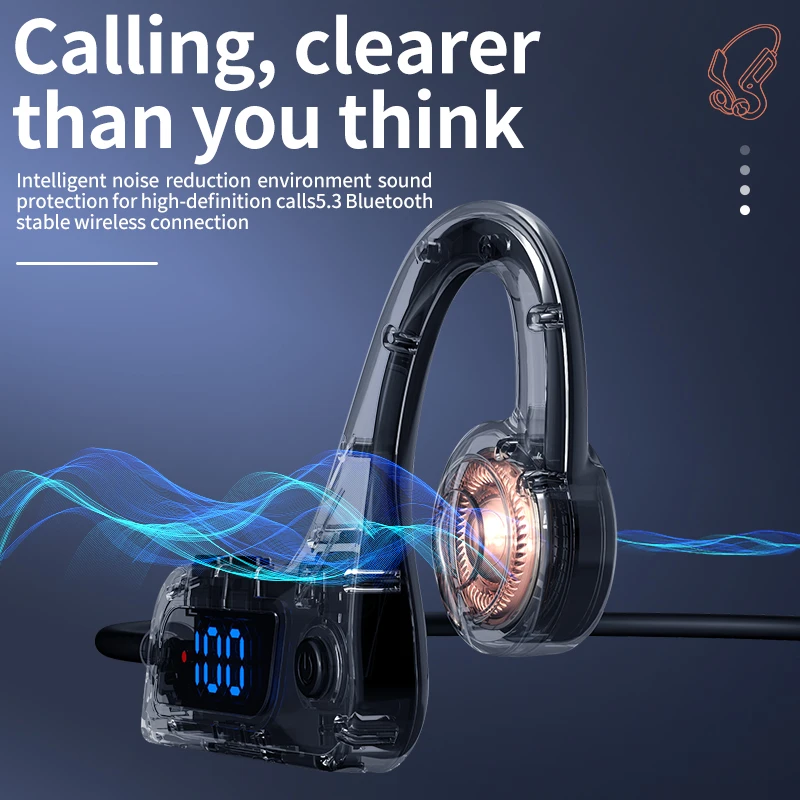 Słuchawki Bluetooth z przewodnictwem kostnym, z cyfrowym wyświetlaczem, Bluetooth 5.3, wodoodporne, sportowe słuchawki douszne z gniazdem na kartę. — zdjęcie produktu 3