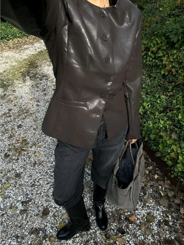 Prendas de abrigo de invierno para mujer Jaet de cuero redondas informales con parches ket Decoraciones Multi-Buled Sle