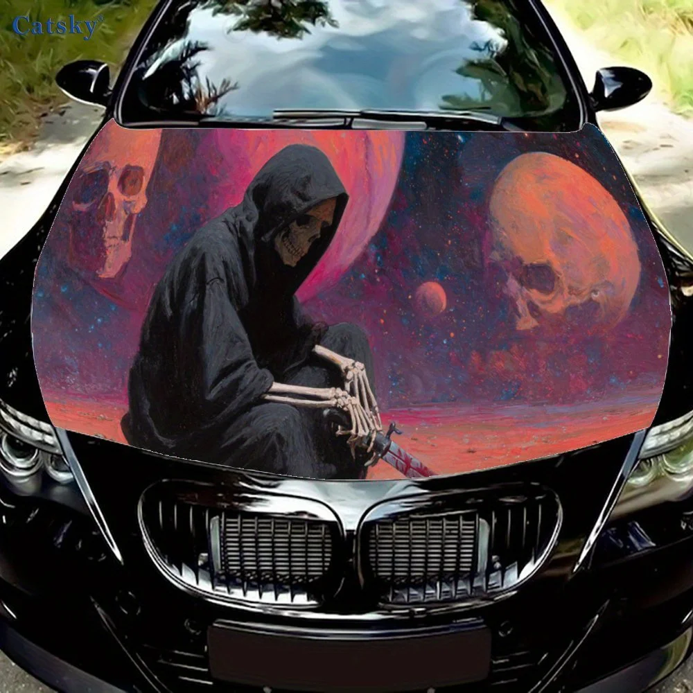 Naklejka na maskę samochodu z motywem magicznej planety szkieletów, wodoodporna naklejka samoprzylepna z PVC, dekoracja i ochrona maski samochodu.