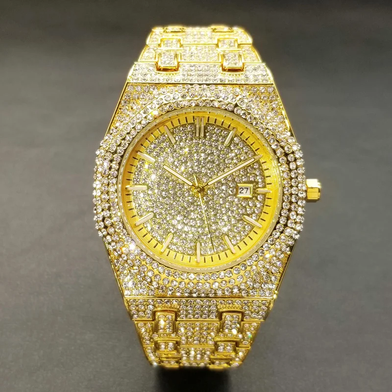 Orologio da uomo con diamanti pieni Luxury Glod Iced Out orologio da polso al quarzo moda in acciaio inossidabile novità lancette luminose orologi